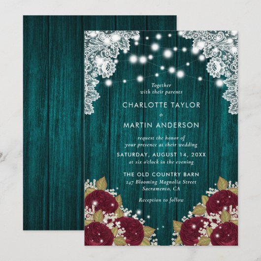 Rustieke Blauwgroen Bourgondische Floral Wedding Kaart (Voorkant / Achterkant)