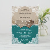 Rustieke Blauwgroen Burlap Lace String Lights Brui Kaart (Staand voorkant)