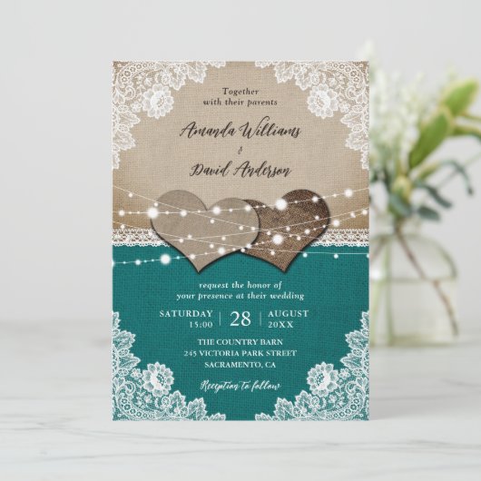 Rustieke Blauwgroen Burlap Lace String Lights Brui Kaart (Staand voorkant)