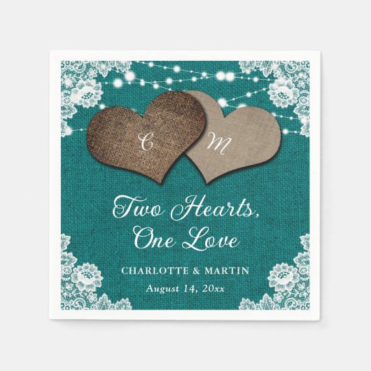 Rustieke Blauwgroen Burlap Lace String Lights Brui Servet (Voorkant)