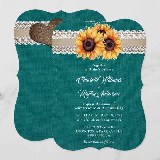 Rustieke Blauwgroen Burlap Lace Zonnebloem Bruilof Kaart (Voorkant / Achterkant)