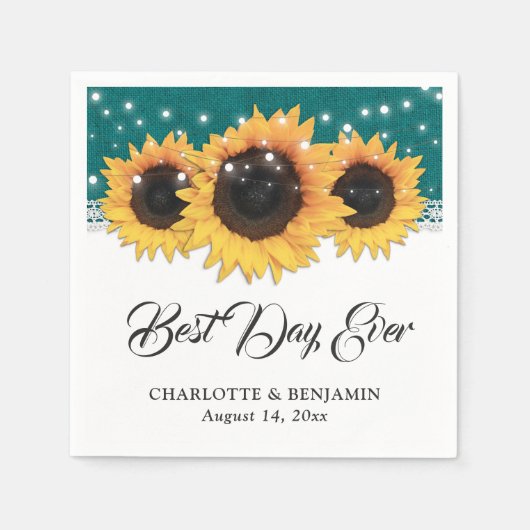 Rustieke Blauwgroen Burlap Lace Zonnebloem Bruilof Servet (Voorkant)