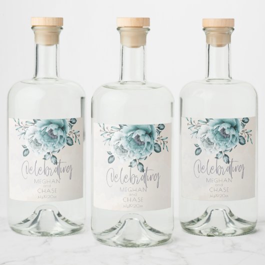 Rustieke Blauwgroen en Alabaster Peony Floral Likeurfles Etiket (Flessen)
