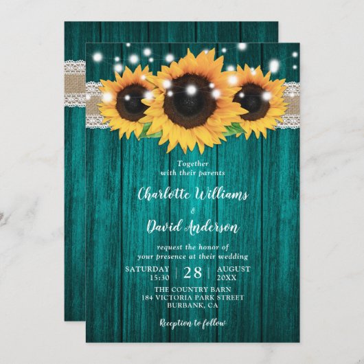 Rustieke Blauwgroen en Zonnebloem bruiloft uitnodi Kaart (Voorkant / Achterkant)
