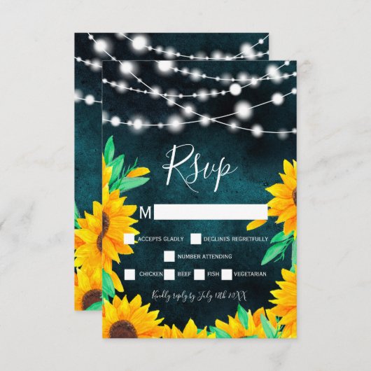 Rustieke blauwgroen groene string lichten zonneblo RSVP kaartje (Voorkant / Achterkant)
