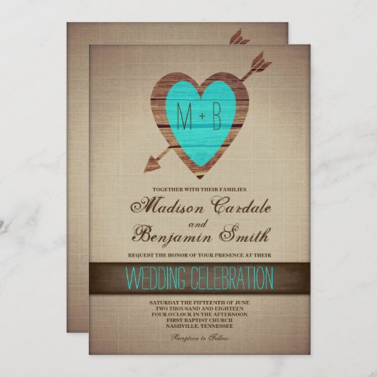 Rustieke Blauwgroen Hart Pijl Land Wedding Uitnodi Kaart (Voorkant / Achterkant)