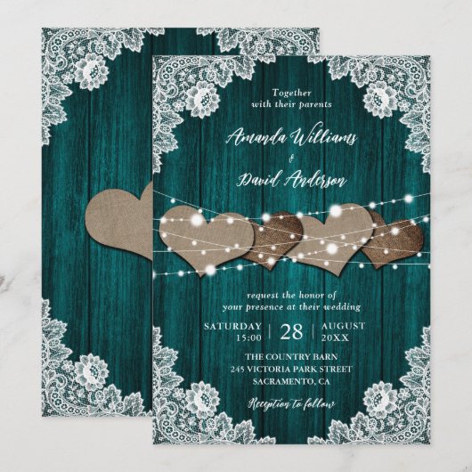 Rustieke Blauwgroen houten jute kant bruiloft uitn Kaart (Voorkant / Achterkant)