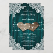 Rustieke Blauwgroen houten jute kant bruiloft uitn Kaart (Voorkant / Achterkant)