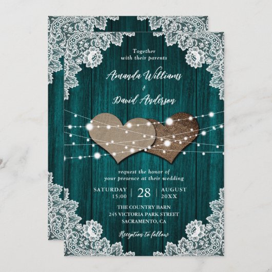 Rustieke Blauwgroen houten jute kant bruiloft uitn Kaart (Voorkant / Achterkant)