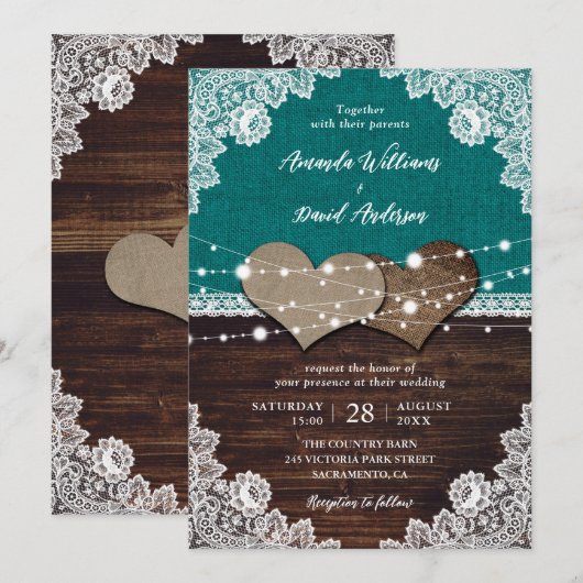 Rustieke Blauwgroen houten jute kant string lampje Kaart (Voorkant / Achterkant)