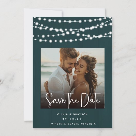 Rustieke Blauwgroen Houten Lichten 2 Foto's Save t Save The Date (Voorkant)