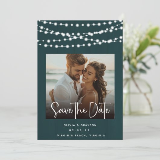 Rustieke Blauwgroen Houten Lichten 2 Foto's Save t Save The Date (Staand voorkant)