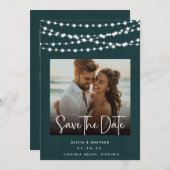 Rustieke Blauwgroen Houten Lichten 2 Foto's Save t Save The Date (Voorkant / Achterkant)