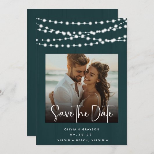 Rustieke Blauwgroen Houten Lichten 2 Foto's Save t Save The Date (Voorkant / Achterkant)