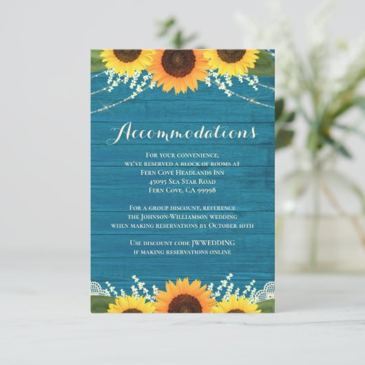 Rustieke Blauwgroen houten zonnebloem bruiloft acc Informatiekaartje (Staand voorkant)