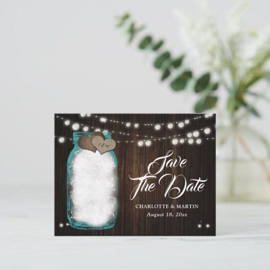 Rustieke Blauwgroen Mason Jar Wedding Save The Dat Aankondigingskaart (Staand voorkant)