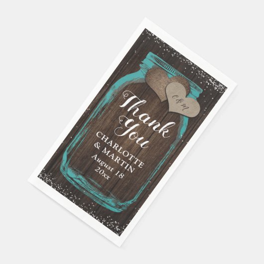 Rustieke Blauwgroen Mason Jar Wood Dank u bruiloft Servet (Hoek)