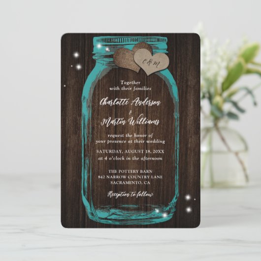 Rustieke Blauwgroen Mason Jar Wood Huwelijksuitnod Kaart (Staand voorkant)