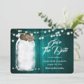 Rustieke Blauwgroen Mason Jar Wood String Lights W Save The Date (Staand voorkant)
