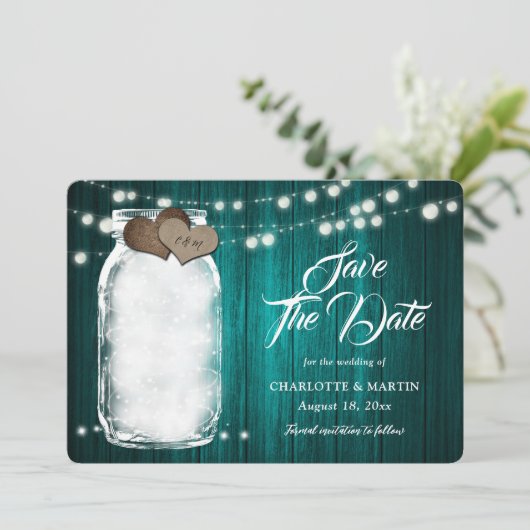 Rustieke Blauwgroen Mason Jar Wood String Lights W Save The Date (Staand voorkant)