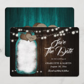 Rustieke Blauwgroen Mason Jar Wood String Lights W Save The Date (Voorkant / Achterkant)