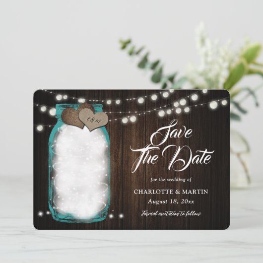 Rustieke Blauwgroen Mason Jar Wood String Lights W Save The Date (Staand voorkant)