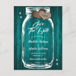 Rustieke Blauwgroen Mason Jar Wood Wedding Save Th Aankondigingskaart