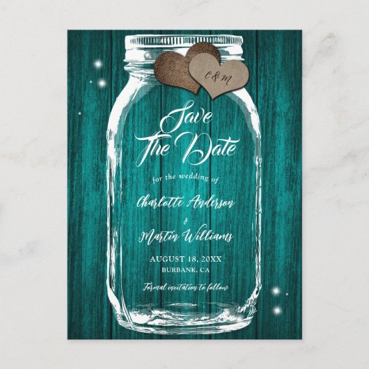 Rustieke Blauwgroen Mason Jar Wood Wedding Save Th Aankondigingskaart (Voorkant)