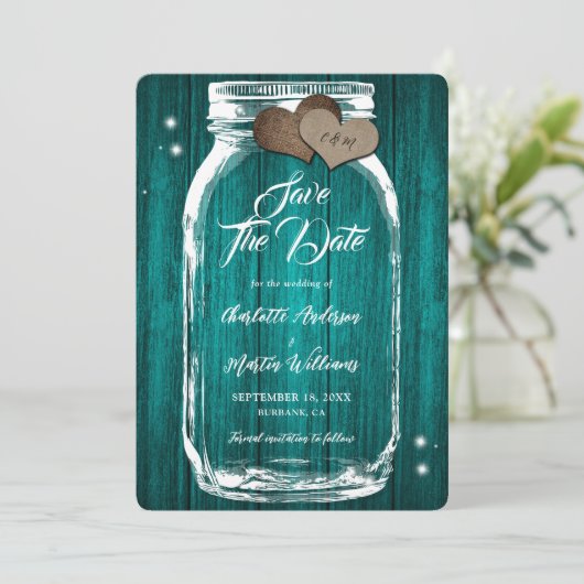 Rustieke Blauwgroen Mason Jar Wood Wedding Save The Date (Staand voorkant)