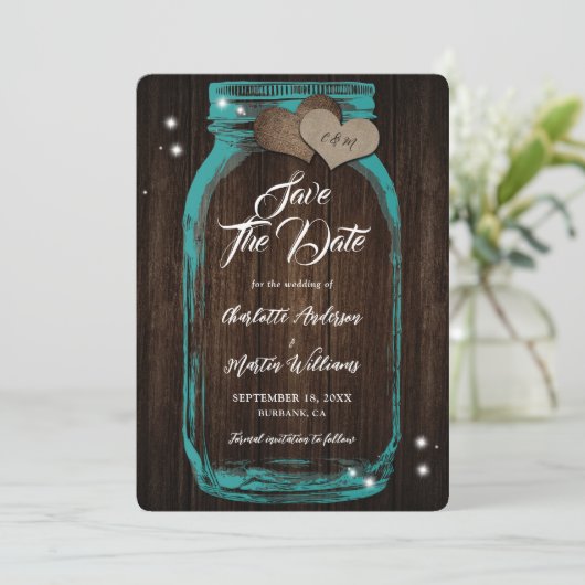 Rustieke Blauwgroen Mason Jar Wood Wedding Save The Date (Staand voorkant)