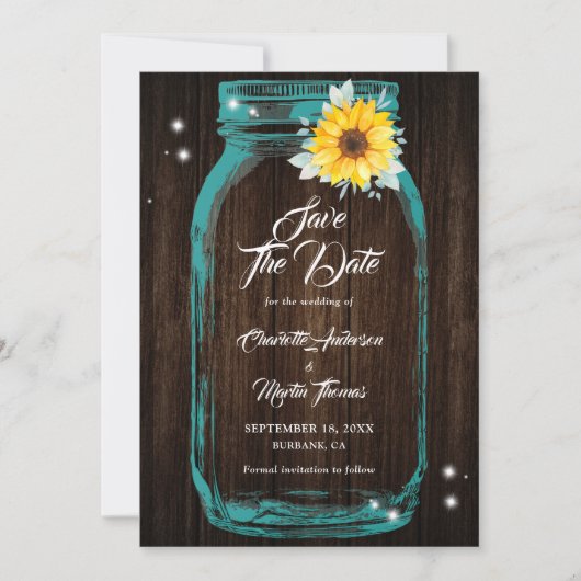 Rustieke Blauwgroen Mason Jar Wood Zonnebloem Brui Save The Date (Voorkant)
