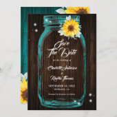 Rustieke Blauwgroen Mason Jar Wood Zonnebloem Brui Save The Date (Voorkant / Achterkant)