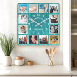 Rustieke Blauwgroen schuur hout boerderij 12 foto  Vierkante Klok<br><div class="desc">Toon uw dierbare familieherinneringen met deze rustieke blauwgroen schuur houten fotocollage wandklok. Deze gepersonaliseerde klok heeft een verweerd houtnerfontwerp en ruimte voor 12 van uw favoriete foto's. Voeg je familienaam en het jaar dat je hebt vastgesteld toe voor een unieke en sentimentele touch. Perfect voor een woonkeuken, woonkamer of slaapkamer,...</div>