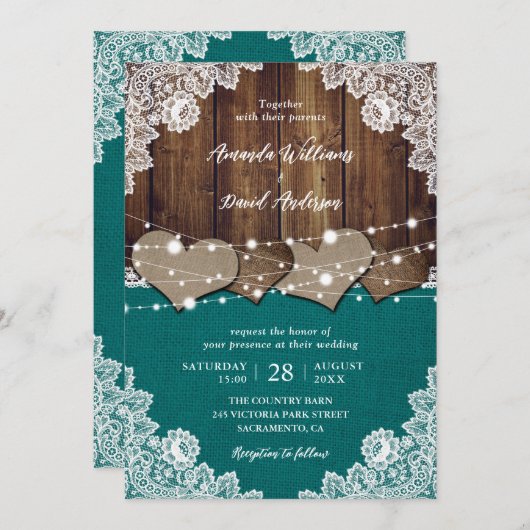 Rustieke Blauwgroen schuur hout burlap kant bruilo Kaart (Voorkant / Achterkant)