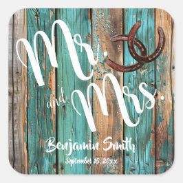 Rustieke Blauwgroen schuur hout Hoefijzer bruiloft Vierkante Sticker