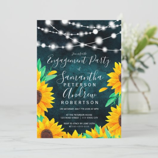 Rustieke blauwgroen string lichten zonnebloemen ve kaart (Staand voorkant)