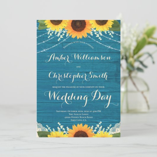 Rustieke Blauwgroen String Lights Kant Zonnebloem Kaart (Staand voorkant)