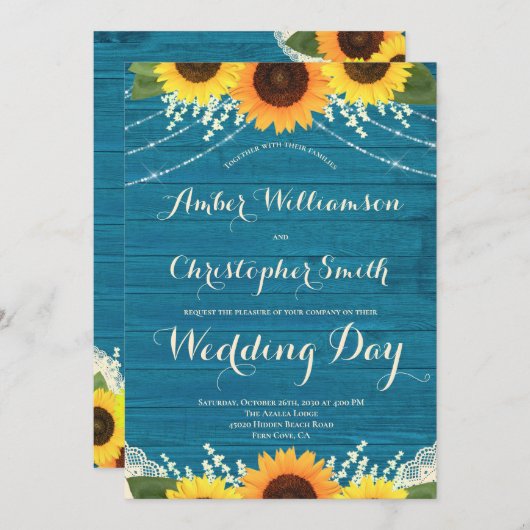 Rustieke Blauwgroen String Lights Kant Zonnebloem Kaart (Voorkant / Achterkant)