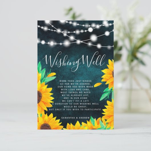 Rustieke blauwgroen string verlichting zonnebloeme informatiekaartje (Staand voorkant)