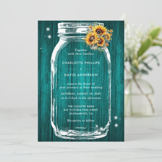 Rustieke Blauwgroen Zonnebloem Mason Jar Bruiloft Kaart (Staand voorkant)