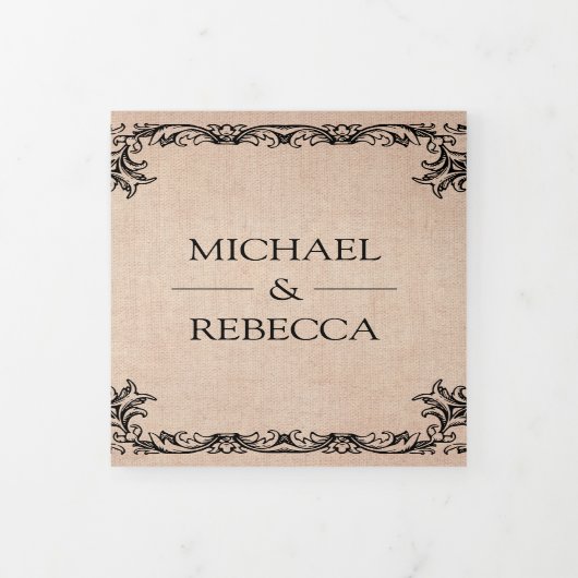 Rustieke Bloei  Grens Burlap Foto Huwelijk Drieluik Uitnodiging (Cover)