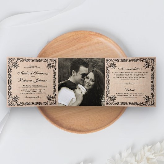 Rustieke Bloei Grens Burlap Foto Huwelijk Drieluik Uitnodiging