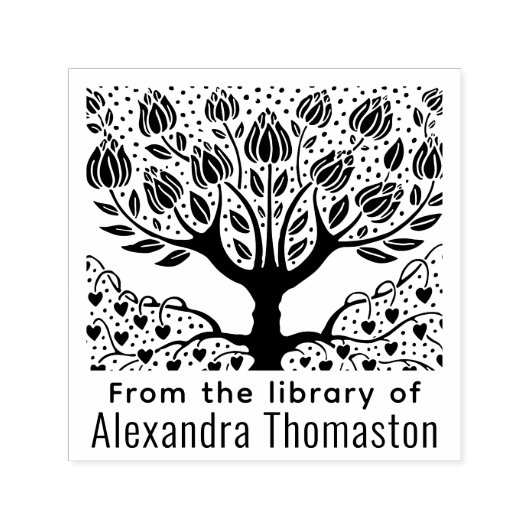 Rustieke Bloeiende Boom, Hartwortels #2 Bibliothee Zelfinktende Stempel (Design)