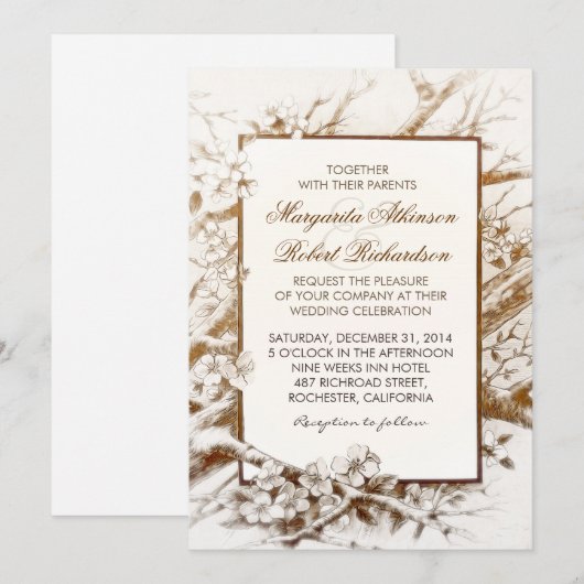 Rustieke Bloeiende Takken Witte Huwelijksuitnodigi Kaart (Voorkant / Achterkant)