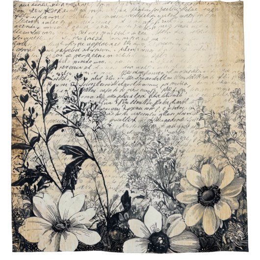 Rustieke bloem en kalligrafie - Aged Brown Paper 1 Douchegordijn (Voorkant)
