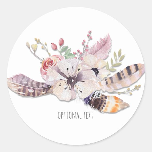 Rustieke bloem- en veren Boho-chique aangepaste gu Ronde Sticker (Voorkant)