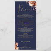 Rustieke bloem navyblauw en gouden trouwdinermenu menu (Voorkant)