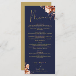 Rustieke bloem navyblauw en gouden trouwdinermenu menu
