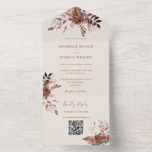 Rustieke bloem QR-code herfst bruiloft All In One Uitnodiging (Binnen)