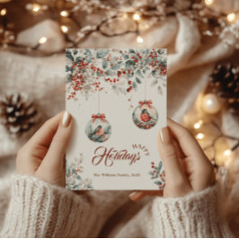 Rustieke bloem rode gors vogel sneeuw Kerstmis  Feestdagenkaart